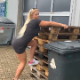 A plump, pretty, German girl climbs on top of a stack of wooden pallets, then shits and pisses into a trash bin beneath her. Presented in 720P HD. Over 2.5 minutes.